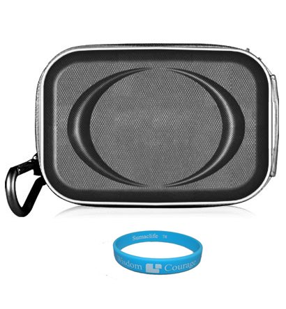 Black Carbonfiber Slim Compact Camera Case with Removable Carbineer for Canon ELPH 310 HS (IXUS 230 HS) + SumacLife TM Wisdom Courage Wristband