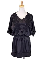 Satin Embroidered Floral Print Raglan Sleeves Elasticized   Waistline  Dress