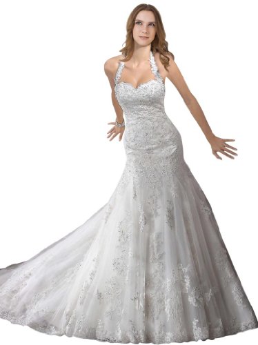 GEORGE BRIDE Elegant Halter Lace Chapel Train Wedding Dress Size 8 White GEORGE BRIDE Elegant Halter Lace Chapel Train Wedding Dress Size 8 White
