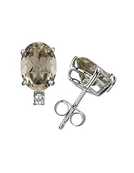 12X10mm Oval Smokey Quartz and Diamond Stud Earrings in 14K White Gold