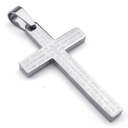 KONOV Stainless Steel Mens Lords Prayer Cross Pendant Necklace, Silver, 24 inch Chain