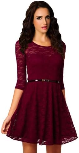 OFTEN Sexy Spoon Neck 3/4 Sleeve Lace Skater Dress Belt 4 Color 3 Size