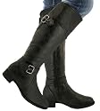 Wide Calf Black Biker Buckle Leather Style Flat Boots