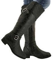 Wide Calf Black Biker Buckle Leather Style Flat Boots