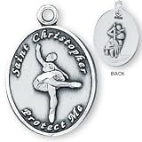 Sterling Silver Saint Christopher Ladies-Girls Ballet Medal and 18-inch Chain