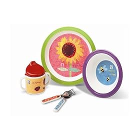 Click here to buy Garden Gift Set with Plate, Bowl, Cup, Spoon, and Fork by Crocodile Creek.