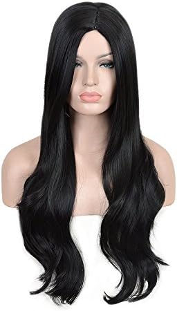 Andao Long Natural Wavy Middle Part Wig for Black Women Heat Resistant Synthetic Hair Wigs Black