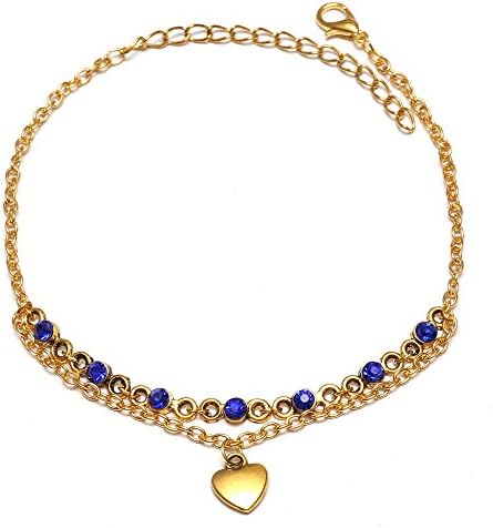 Idin Fashion Anklet - Antique golden tone anklet with sapphire rhinestone and heart charm (approx. 225 mm)