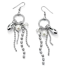Silvertone Metal Multi-Chain Rhinestone and Simulated Pearl Drop Pierced Earrings