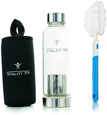 Vitality Fit- Stylish &amp; Premium Quality Borosilicate Reusable Glass Tea / Fruit Infuser Bottle with Stainless Steel Lid and Colourful Nylon Sleeve - BPA Free Non-Leaching Seal - 14.2 Oz (Black)