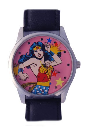 Armitron Women's Character Silver-Tone Pink Dial Wonder Woman Black Leather Strap Watch #880011