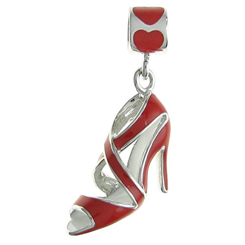 Rhodium-plated Sterling Silver Red High Heel Shoe Enamel European Style Dangle Bead Charm
