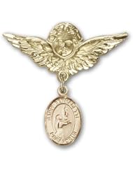 Gold Filled Baby Badge with St. Bernadette Charm and Angel with Wings Badge Pin