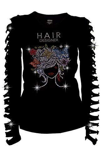 Active Bling Bling Hair Designer Rhinestones T-shirt Ripped Slit Cut Out Salon Stylist Shirt