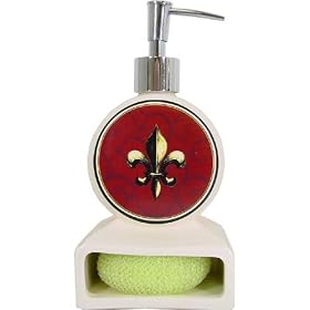 Red Fleur de Lis Soap Dispenser Pump and Scrubby Holder