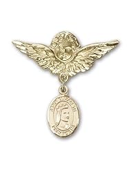 14K Gold Baby Badge with St. Elizabeth of Hungary Charm and Angel with Wings Badge Pin