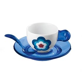 Guzzini Set of 2 Blue Flower espresso cups + saucers +teaspoons