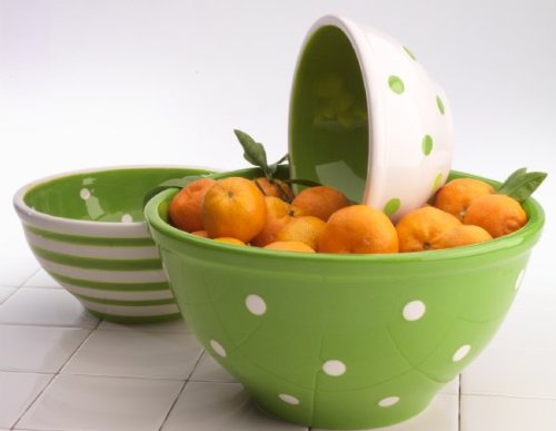 Terramoto Ceramic 3 Pcs Stripes and Dots Mixing Bowl Set By Coastline Imports - Green