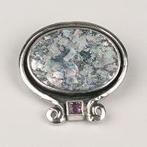 Silver and Roman Glass Pendant or Pin with Amethyst (Israel)