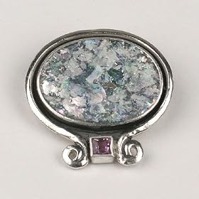 Silver and Roman Glass Pendant or Pin with Amethyst (Israel) by Angie Olami