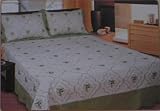 3pc 100% Cotton Fully Quilted Embroidery Bedspread Cover Set Beige / Green, ....