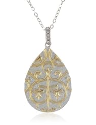 18k Yellow Gold Plated Sterling Silver Two-Tone Swarovski Crystal Filigree Teardrop Pendant Necklace, 18"
