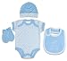Baby's Own 4 Piece All In One, Hat, Mitten & Bib Set, Light Blue, Newborn