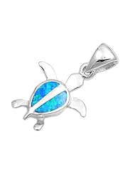 Sterling Silver Blue Fire Lab Opal Shell Pendant Turtle Charm Pure 925 New 20mm (Pendant ONLY)