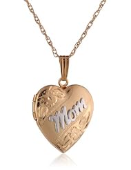 14k Yellow Gold Filled Two-Tone 19mm Engraved Heart Locket Pendant Necklace with Mom Applique, 18"