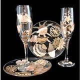 Sea Shell Shimmer Design - Hand Painted - Toasting Flutes - 6 oz. & 7 inch Cake Plates
