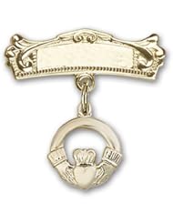 14kt Gold Baby Badge with Claddagh Charm and Arched Polished Badge Pin