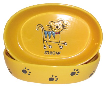 Petrageous Designs Silly Kitty 6.5 Oval Pet Bowl, Yellow