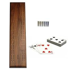Complete Cribbage Set - Solid Walnut Wood 2 Track Competition Cribbage Board with Quality Solid Brass Cribbage Pegs with a Tapered Body Design and an Easy Grip Top (3 Gold / 3 Silver) and a Deck of Playing Cards