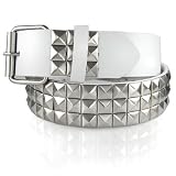 GENUINE LEATHER SNAP ON SILVER STUDDED WHITE BELT WITH A DETACHABLE BUCKLE FITS ANY BUCKLE