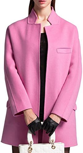 CSY Ladies Fashion Stand Collar Pink Slim Fit Trench Coat Long Wool Coat M