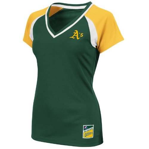MLB Oakland A'S Women's Short Sleeve Raglan Deep V-Neck Synthetic Tee (Dark Green/Yellow Gold/White, Medium)