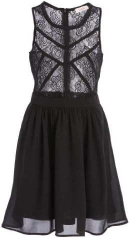 Flirty Black Swing Dress with Sheer Rosette Lace Top and Exposed Zip Up Racerback