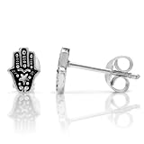 925 Oxidized Sterling Silver Tiny Hamsa - Hand of Fatima Good Luck and Protection Jewelry Post Stud Earrings 8 mm - Nickel Free