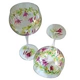 ArtisanStreet's Wine Goblets. Set of 4 Rounded Wine Goblets. Each Stem Hand Painted in Delicate Fuchsia Design Featuring Magenta & Purple Topped by Delicate Green Leaves with Hint of Gold. One of a Kind, Signed by Artisan.