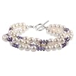 EXP Sterling Silver Three-strand Pearl and Amethyst Bracelet