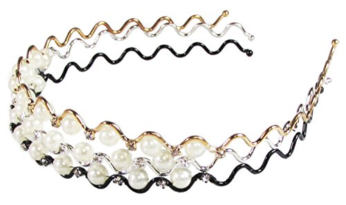 HipGirl Boutique 3pc Girls Women Pearl and Rhinestone Metal Headbands, Silver, Gold and Black