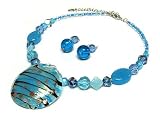 Blue Glass Hand Painted Large Pendant Beads Necklace Set Jewelry
