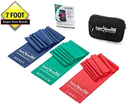 Super Exercise Band 7 Foot Flat Latex Resistance Exercise Bands Set of 3 / Resistance Bands / Physical Therapy Bands / Fitness Bands, Includes Zipper Carry Pouch, Free Door Anchor and Stretch Bands Workout E-book