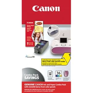 Canon CLI-36 Ink </p>
<p><b>Product Description</b> </p>
<p>Includes one CLI-36 color ink cartridge, 100 sheets of 4×6-inch photo paper and berry frost color panels to customize your PIXMA mini260</p>
<p><b>Technical Details</b> </p>
<ul style=