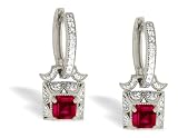 14K White Gold Genuine Square Ruby and Diamond Lever Back Earrings