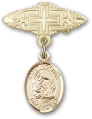14K Gold Baby Badge with St. Joshua Charm and Badge Pin with Cross