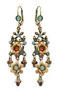 Michal Negrin Awesome Dangle Earrings Adorned with Hand Painted Flowers, Leaves Ornaments, Blue and Brown Swarovski Crystals; Victorian Style