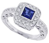 0.70CT Princess Cut Genuine Sapphire Engagement Ring with Diamond in 14Kt White Gold