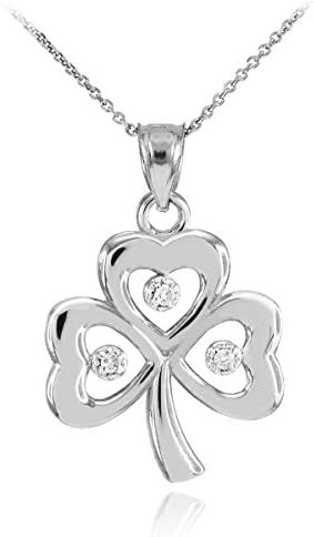 Dainty 10k White Gold Shamrock Charm Three Diamond Clover Leaf Pendant Necklace, 18"
