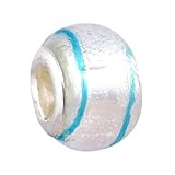 Pandora Style Charm Bead (Z95) Murano Style Lampwork Glass (14mm x 10mm) (fits Troll too) ~ Silver with Aqua Swirl